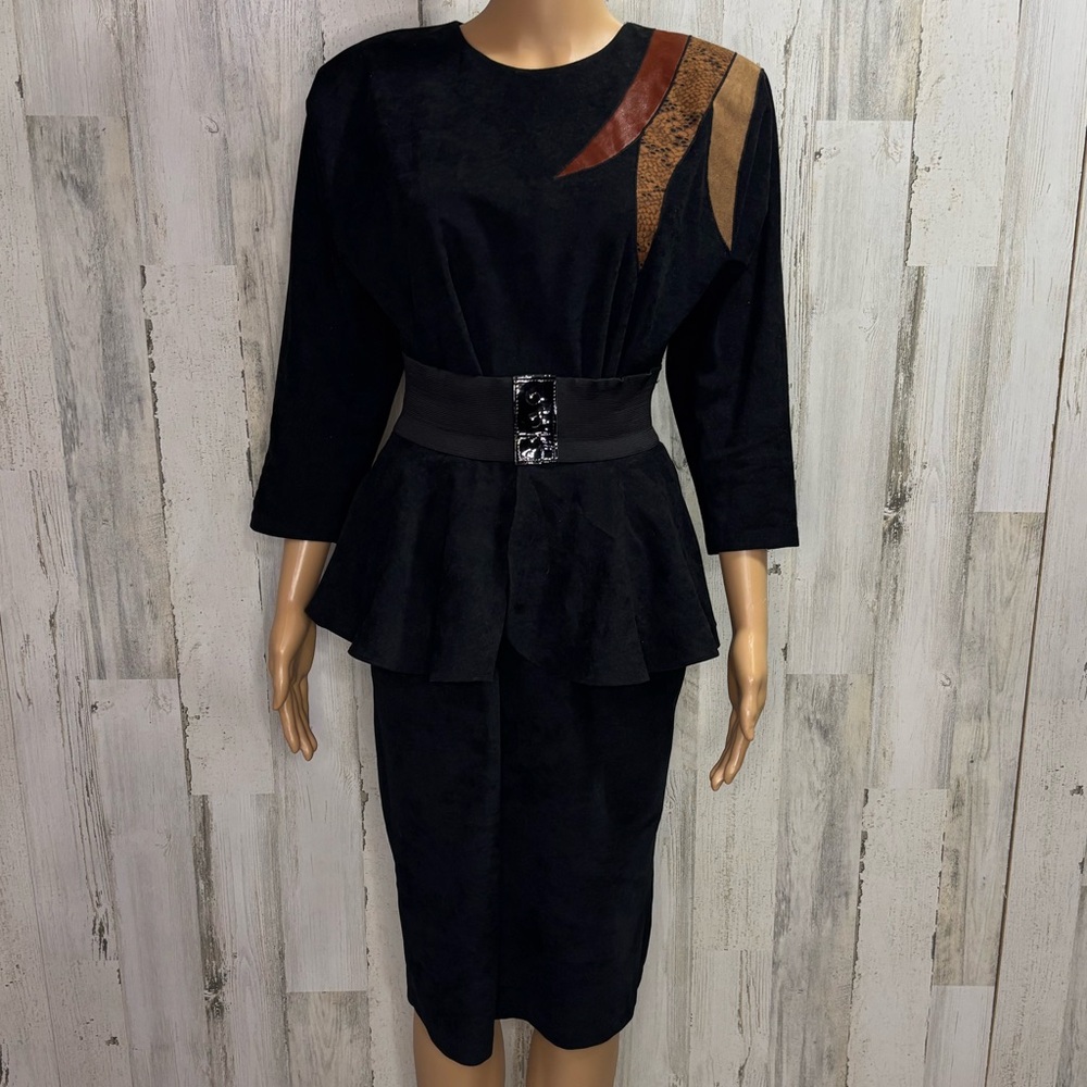 Vintage 80’s Black Microsuede Dress with Removable Peplum Belt‎